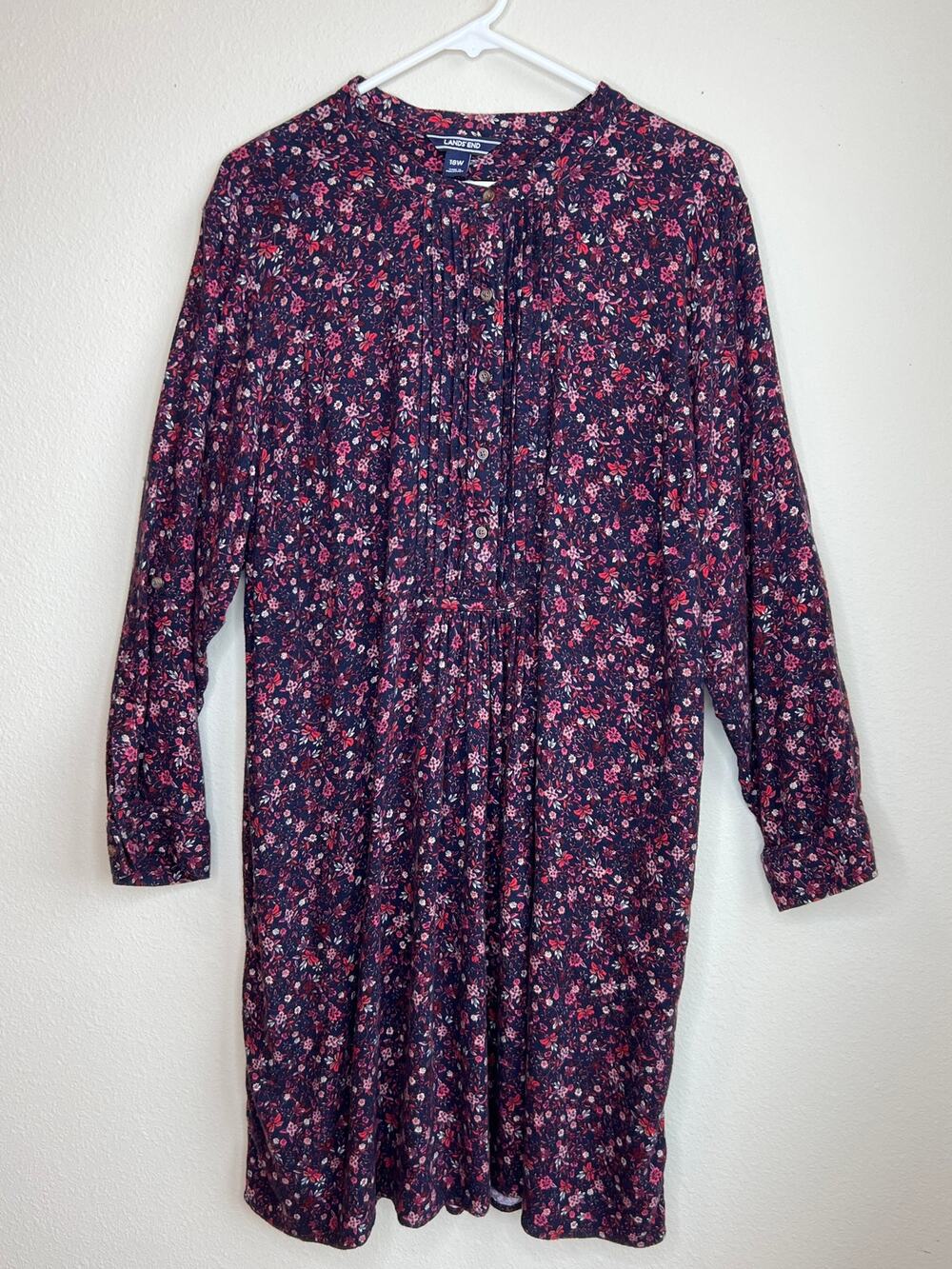 Lands End Maroon Calico Floral Pintuck Flannel Long Sleeve Dress Pockets 18W